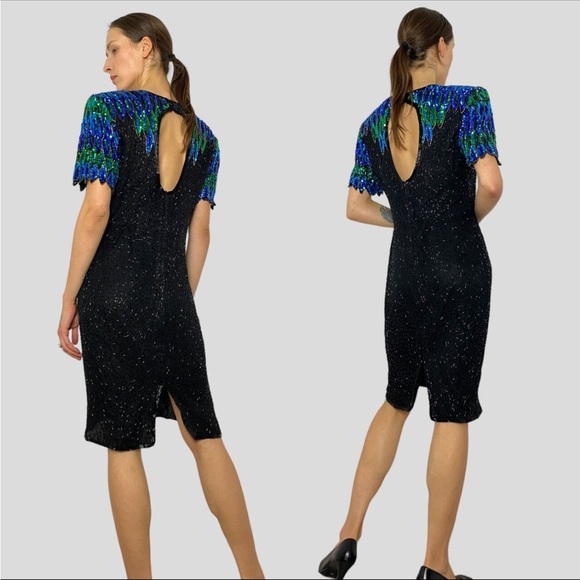 Vintage 100% silk beaded Elegant Black and Blue Sequin Dress stenay size 8 - Picture 3 of 16